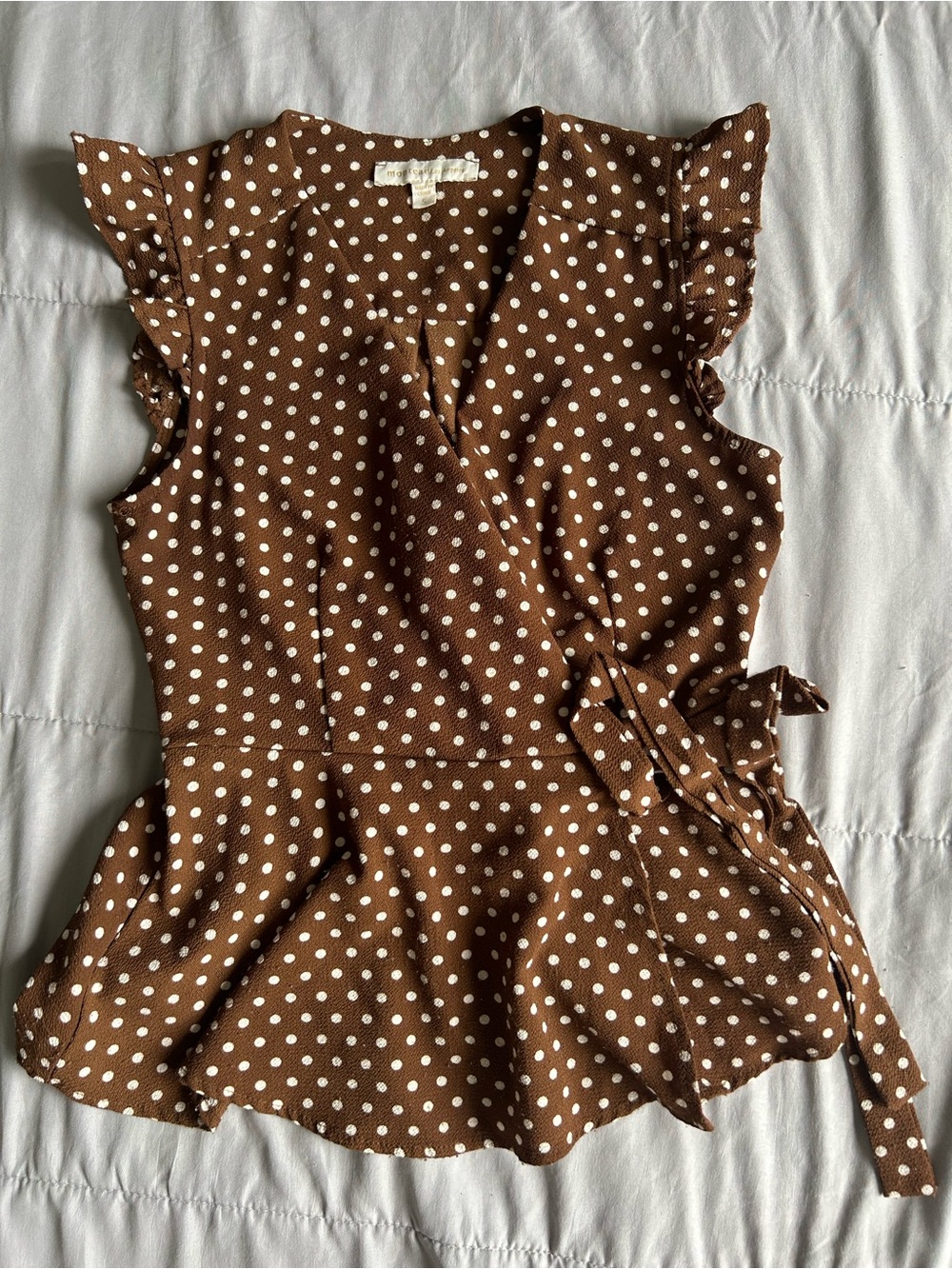 Polka Dot Brown Wrap Peplum Blouse